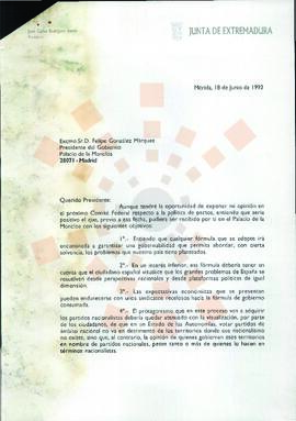 19930618_Mérida-Madrid_Correspondencia al Presidente del Gobierno.