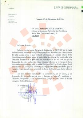 19961213_Mérida_Correspondencia a D. Román Bolaños Expósito