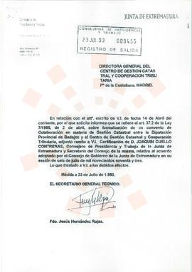 19930723_Mérida-Madrid_Correspondencia del Secretario General Técnico de la Consejería de Preside...