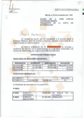 19931124_Mérida_Correspondencia del Consejero de Economía y Hacienda.