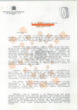 19960605_Barcelona_Correspondencia del Registro de la Propiedad de Benidorm a D. Abdon Bejarano G...