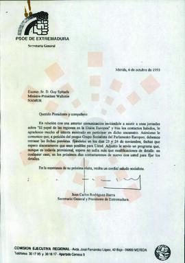 19931006_Mérida-Namur_Correspondencia al Ministro-Presidente de Valonia (Bélgica)