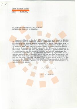 1996_Barcelona_Correspondencia de D. Abdon Bejarano García al Secretario de Gobierno del Tribunal...