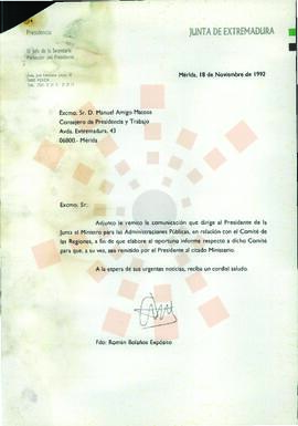 19921118_Correspondencia de la Presidencia de la Junta de Extremadura al Consejero de Presidencia...