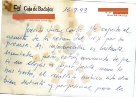 19930916_Badajoz_Correspondencia del Jefe de Departamento de Recursos Humanos de Caja Badajoz.