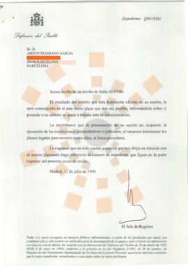 19960702_Madrid_Correspondencia del Defensor del Pueblo a D. Abdon Bejarano García