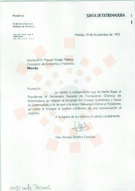 19931119_Mérida_Correspondencia interna de la Junta de Extremadura, del Jefe de Secretaría de la ...