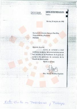 19920722_Mérida_Correspondencia de Román Bolaños Expósito a Antonio Ventura Díaz Díaz