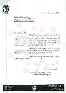 19950315_Mérida-Villafranca de los Barros_Correspondencia al Secretario Local de la Agrupación Lo...