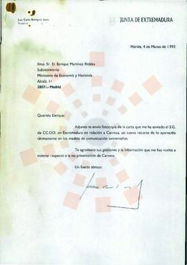 19930304_Mérida-Madrid_Correspondencia al Subsecretario del Ministerio de Economía y Hacienda.