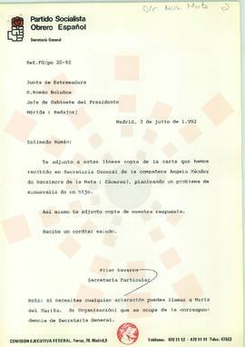 19920803_Madrid-Mérida_Correspondencia de Dña. Pilar Navarro a D. Román Bolaños