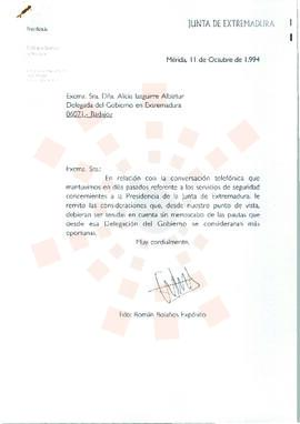 19941011_Mérida-Badajoz_Correspondencia de la Secretaría de la Junta de Extremadura a la Delegada...