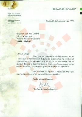 19930929_Mérida-Madrid_Correspondencia de la Presidencia de la Junta de Extremadura a la Vicepres...