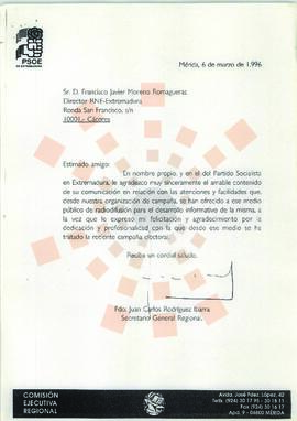 19960306_Mérida-Cáceres_Correspondencia a D. Francisco Javier Moreno Romagueras