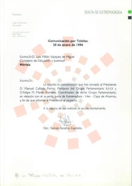 19960130_Mérida_Correspondencia de D. Román Bolaños Expósito a D. Luis Millán Vázquez de Miguel