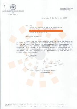 19940709_Badajoz_Correspondencia de Vicente Albarran Ambel a Pablo J. Lozano Ajenjo y María de lo...