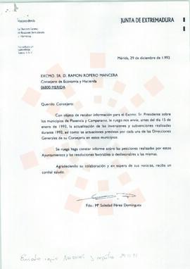 19921229_Mérida_Correspondencia interna de la Junta de Extremadura, de la Directora General de Re...