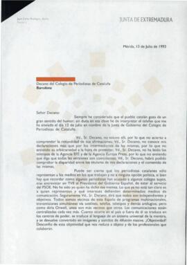 19930713_Mérida-Barcelona_Correspondencia al Decano del Colegio de Periodistas de Cataluña.