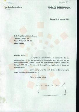 19930628_Mérida_Correspondencia de Juan Carlos Rodríguez Ibarra al Teniente Coronel Jefe Grupo de...