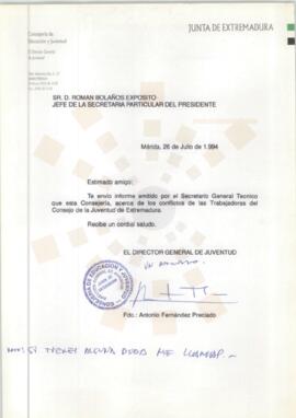 19940726_Mérida_Correspondencia del Director General de Juventud de la Junta de Extremadura a la ...