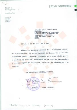 19930430_Mérida_Correspondencia interna de la Junta de Extremadura, de la Consejería de Economía ...