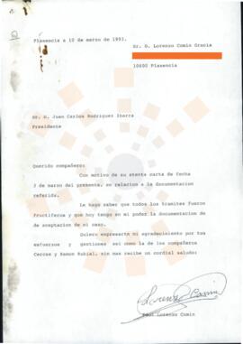 19930310_Plasencia_Correspondencia de D. Lorenzo Comin Gracia