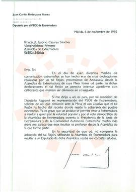 19951106_Mérida_Correspondencia al Vicepresidente Primero de la Asamblea de Extremadura.