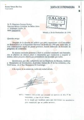 19911126_Badajoz_Correspondencia de Antonio Ventura Díaz Díaz a Francisco Pedraja Muñoz