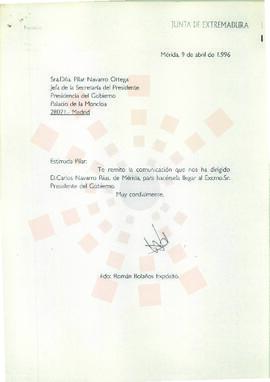 19960409_Mérida_Correspondencia de Román Bolaños Expósito a Dña. Pilar Navarro Ortega