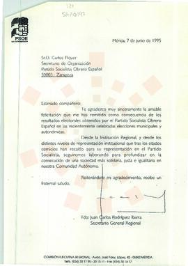 19950607_Mérida-Zaragoza_Correspondencia al Secretario de Organización del PSOE.