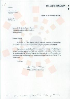 19931222_Mérida_Correspondencia interna de la Junta de Extremadura, de la Directora General de Re...