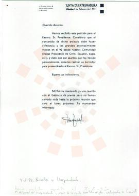 19930203_Mérida_Correspondencia interna de la Junta de Extremadura, de la Directora General de Re...