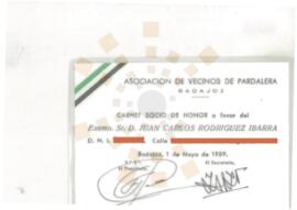 19890501_Badajoz_Tarjeta de socio: Asociación de Vecinos de Pardalera.