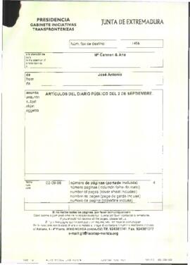Fax de José Antonio para María del Carmen y Ana, cuyo asunto trata sobre el envío de artículos de...