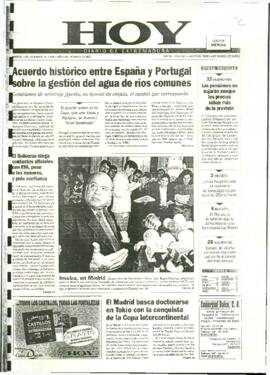 Portada de periódico con titular "Acuerdo histórico entre España y Portugal sobre la gestión...