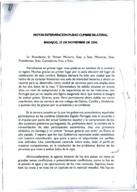 Notas de RODRÍGUEZ IBARRA, Juan Carlos, con motivo de su intervención al acto de la Cumbre Hispan...