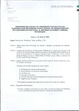 Programa cronológico de RODRÍGUEZ IBARRA, Juan Carlos, con motivo de la reunión con GUTERRES, Ant...