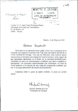 Carta de MARTINS DA CRUZ, António, para RODRÍGUEZ IBARRA, Juan Carlos, sobre la invitación con mo...