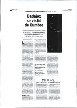 Artículo de prensa realizado por EXPÓSITO, Luis con titular "Badajoz se vistió de Cumbre".