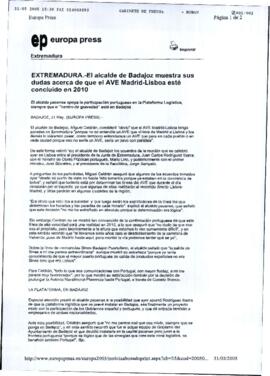 Copia de artículo de prensa, sin firmar, enviada por fax a BOLAÑOS EXPÓSITO, Román del medio EURO...