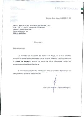Carta de DUQUE DOMÍNGUEZ, José Manuel para HERNÁNDEZ ROJAS, Jesús cuyo asunto trata del adjunto d...