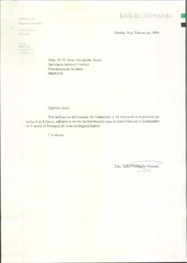 Carta de CORBACHO GRANDE, Salor, para HERNÁNDEZ ROJAS, Jesús, sobre el adjunto de información par...