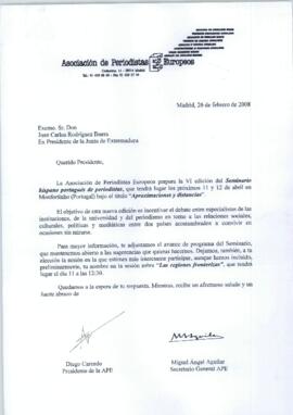 Carta de AGUILAR, Miguel Ángel y CARCEDO, Diego para RODRÍGUEZ IBARRA, Juan Carlos cuyo asunto tr...