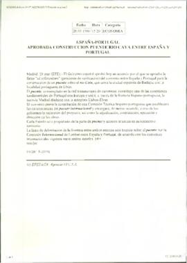 Artículo de prensa, sin firmar, con titular "España-Portugal: aprobada construcción del puen...