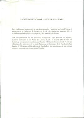 Nota para RODRÍGUEZ IBARRA, Juan Carlos, Sobre el Premio Internacional Puente de Alcántara.