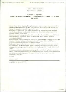 Artículo de prensa, sin firmar, con titular "Portugal-España firmado convenio para construir...