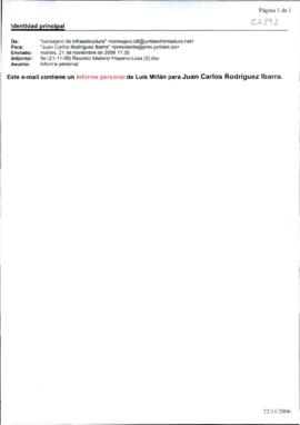 Correo electrónico de MILLÁN VÁZQUEZ DE MIGUEL, Luis, para RODRÍGUEZ IBARRA, Juan Carlos, cuyo as...