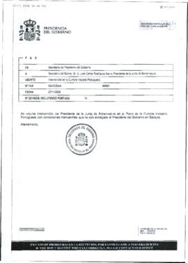 Fax de Secretaría del Presidente del GOBIERNO DE ESPAÑA para Secretaría de RODRÍGUEZ IBARRA, Juan...