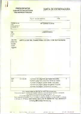 Fax de José Antonio para María del Carmen y Ana, cuyo asunto trata sobre el envío de artículos de...