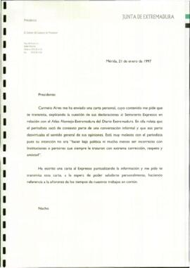 Carta de SÁNCHEZ AMOR, Ignacio para RODRÍGUEZ IBARRA, Juan Carlos cuyo asunto trata sobre las dec...